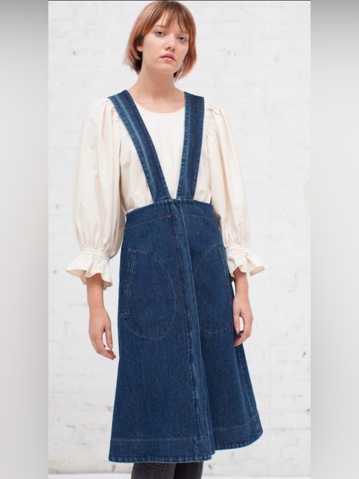 Caron Callahan Renee Suspender Midi Skirt High Waisted Cotton Denim Blue Size Xs